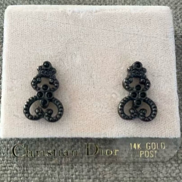 Vintage NWT Christian Dior Gothic Black Rhinestone Studded 14k Gold Post Earring